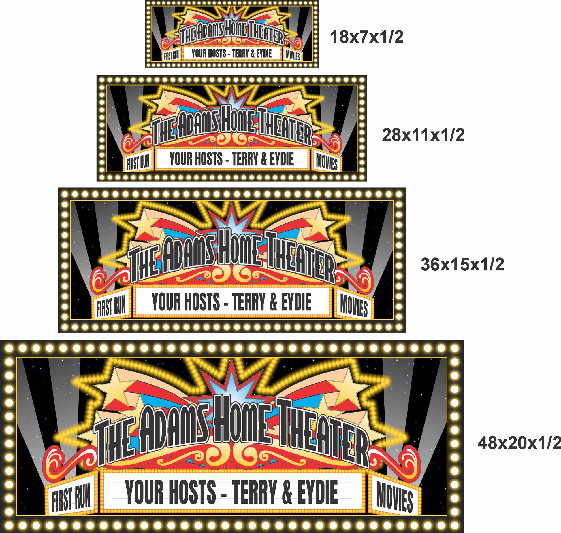 Personalized theater sign shown in four available sizes stacked together