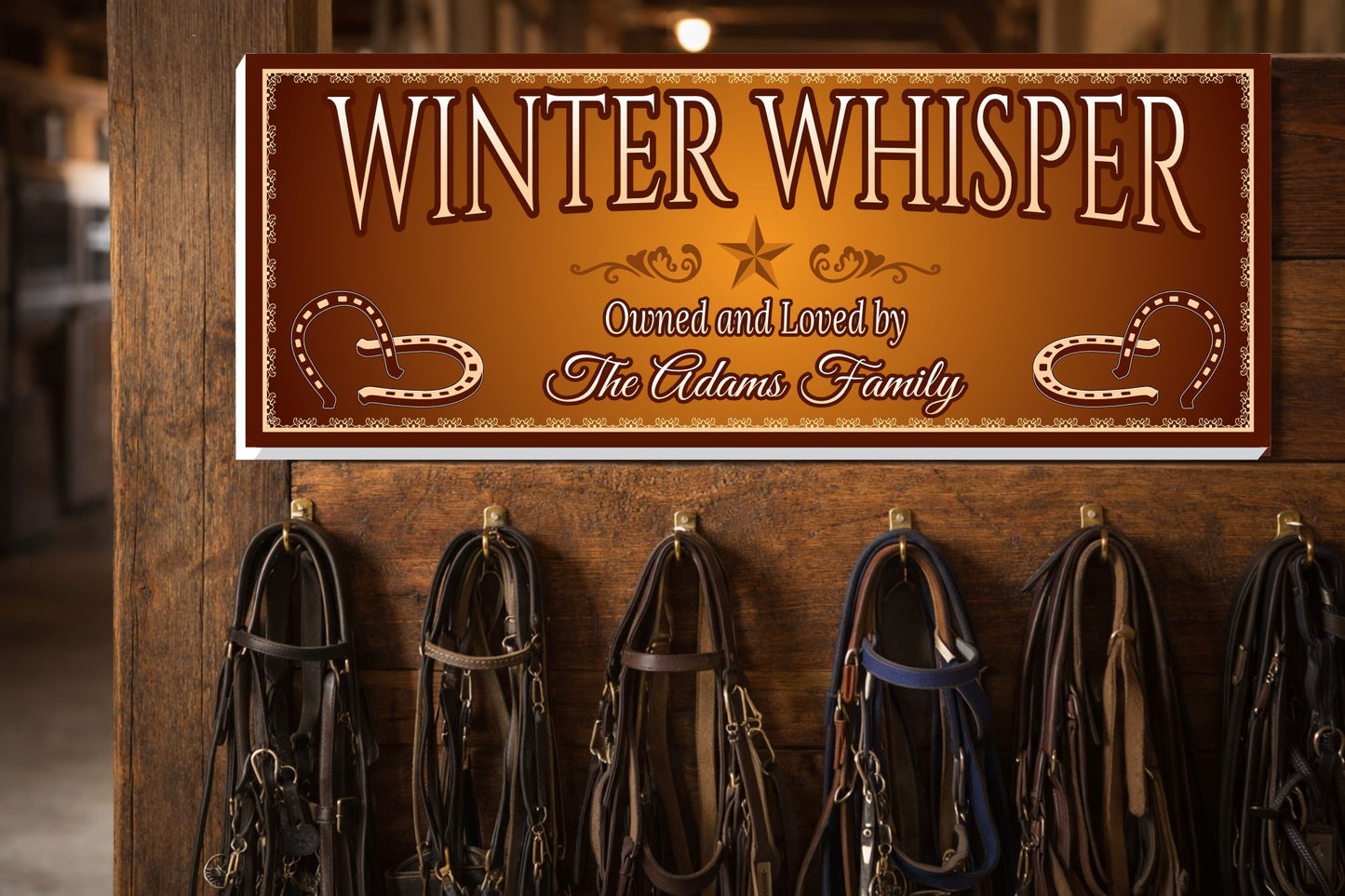 Custom horse name sign displayed above hanging bridles in a tack room