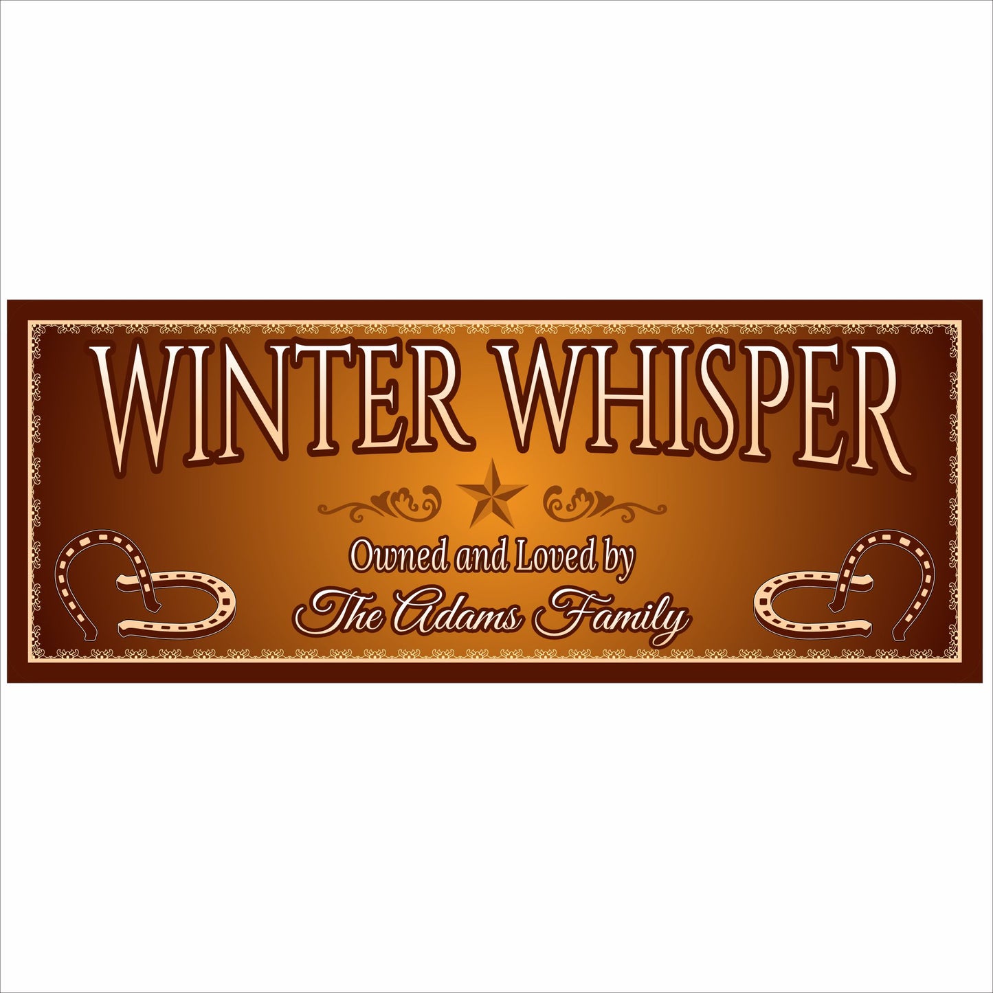 Personalized Winter Whisper horse stall sign with custom name printed on brown and gold barn-style design