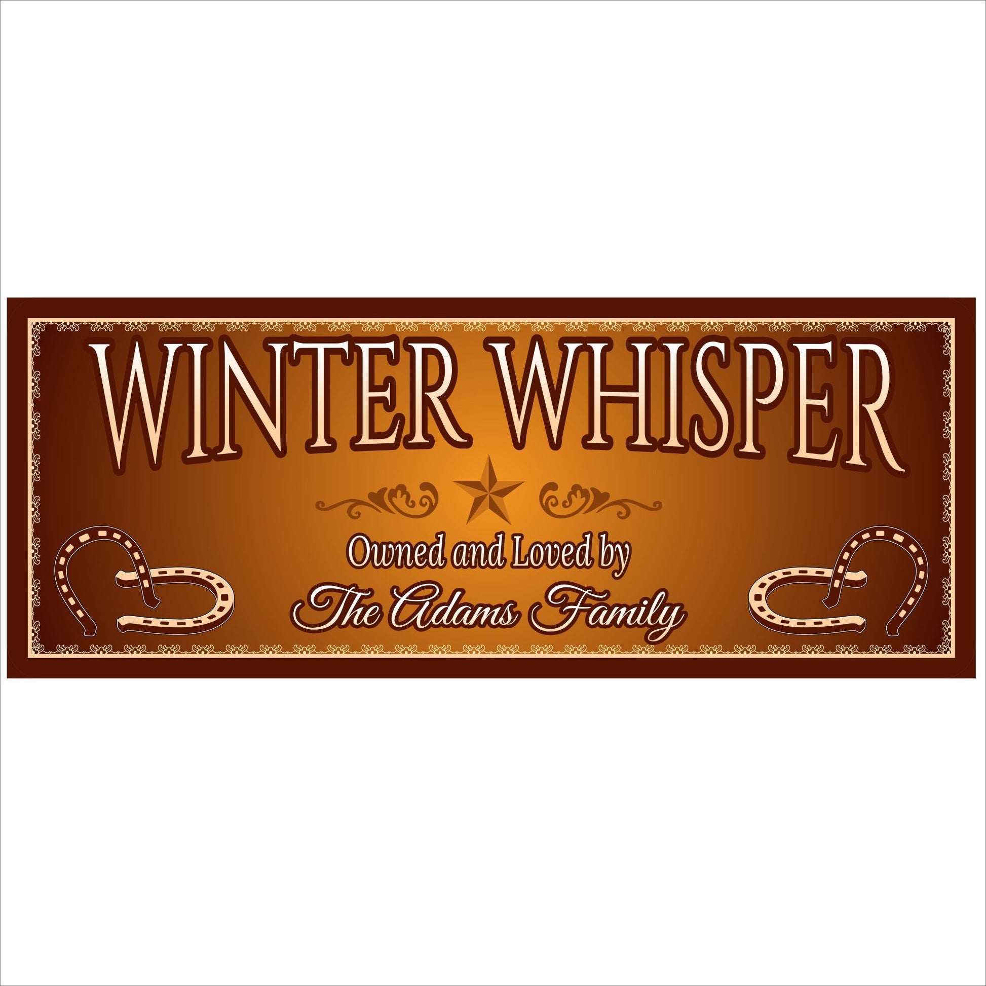 Personalized Winter Whisper horse stall sign with custom name printed on brown and gold barn-style design