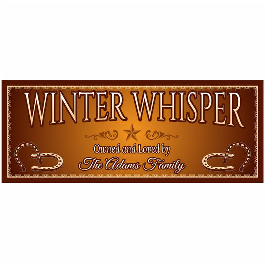 Personalized Winter Whisper horse stall sign with custom name printed on brown and gold barn-style design