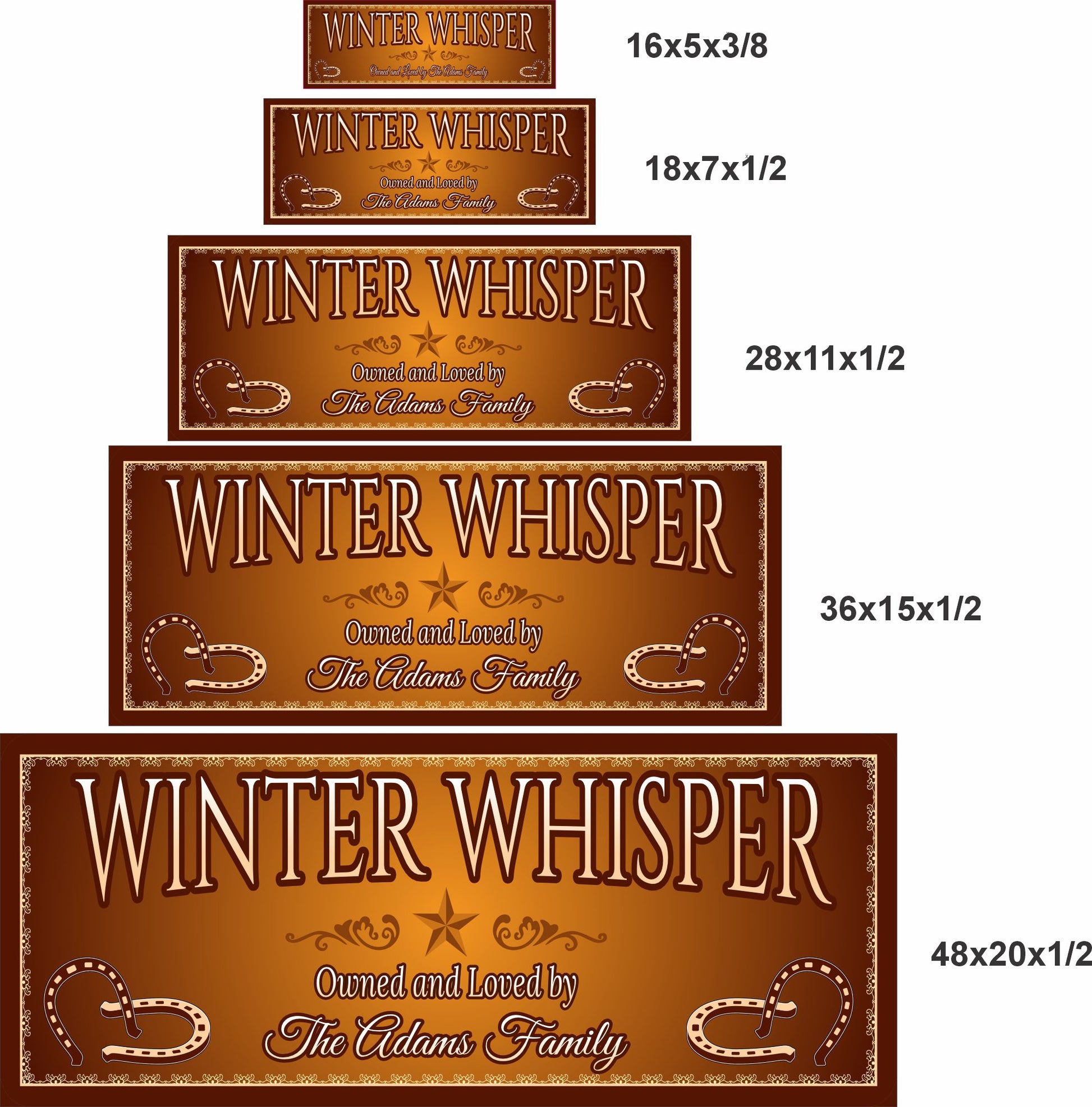 Horse stall sign shown in 16x5, 18x7, 28x11, 36x15, and 48x20 inch sizes