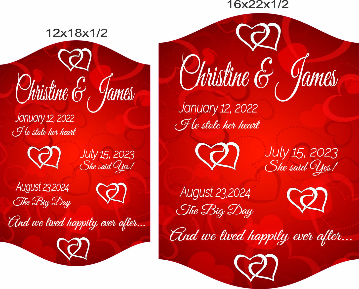Love story sign shown in 12x18 and 16x22 size options for scale reference