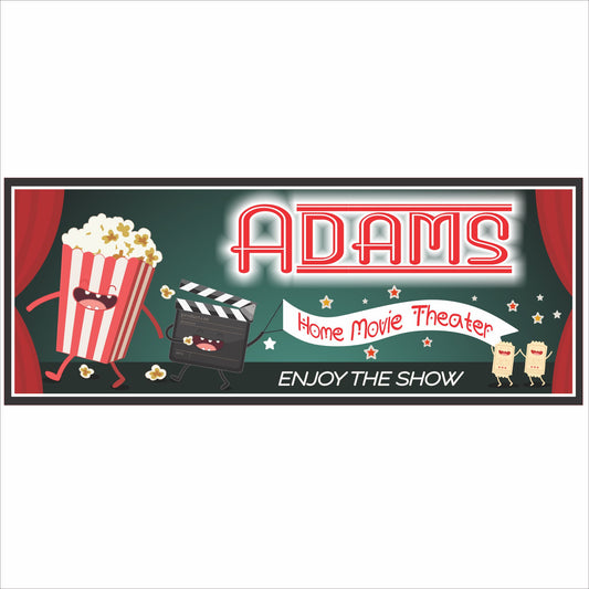 Personalized home theater sign with popcorn and movie-themed graphics