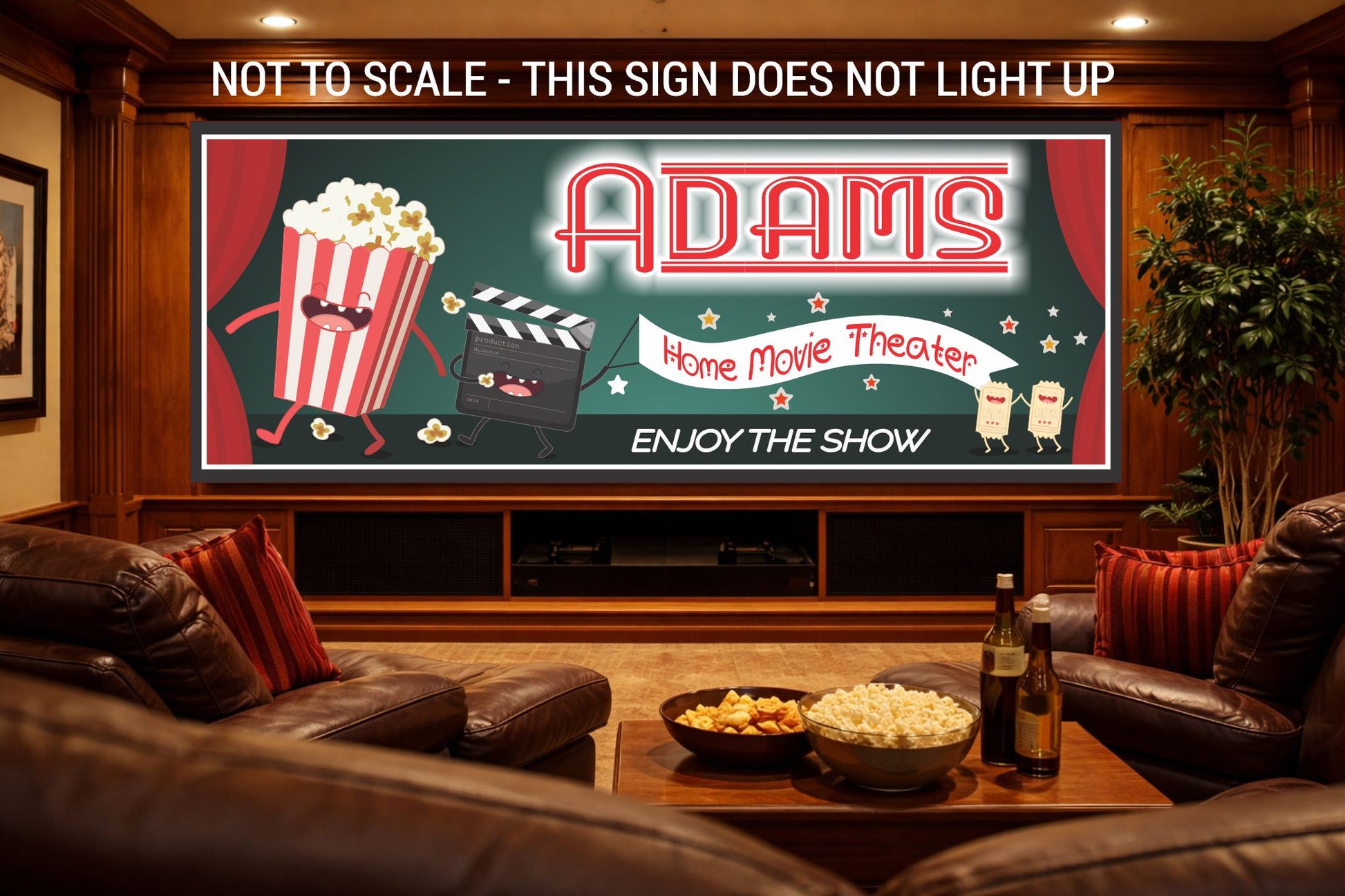 Custom movie theater sign displayed above seating in a home theater room