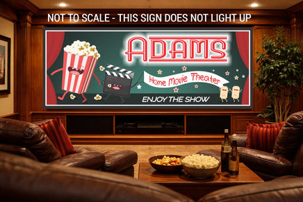 Custom movie theater sign displayed above seating in a home theater room