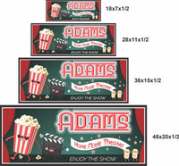 Home theater sign shown in 18x7, 28x11, 36x15, and 48x20 inch sizes
