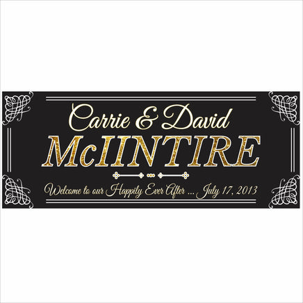 Personalized family name sign with elegant lettering printed on black background