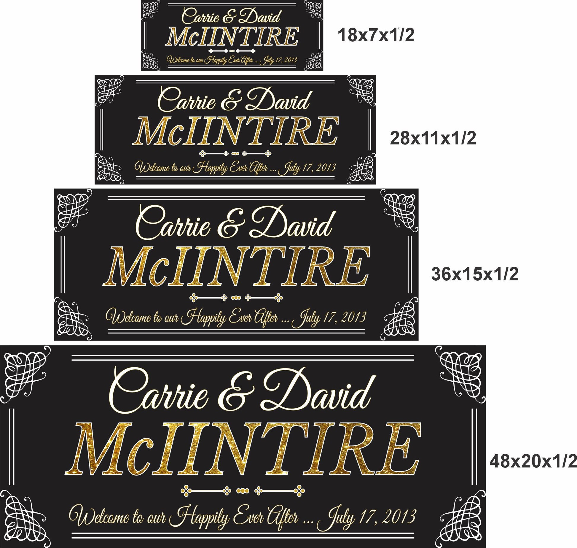 Personalized family name sign shown in all four available size options for comparison