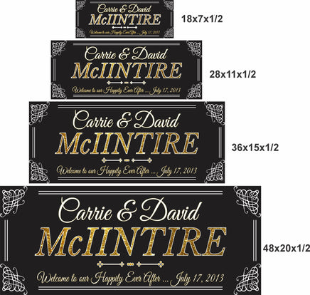 Personalized family name sign shown in all four available size options for comparison