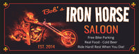 Custom personalized biker bar welcome sign with editable text, featuring a custom chopper, red-hot flames, Satan skull imagery, a crazy biker gang member, and an iconic iron cross.