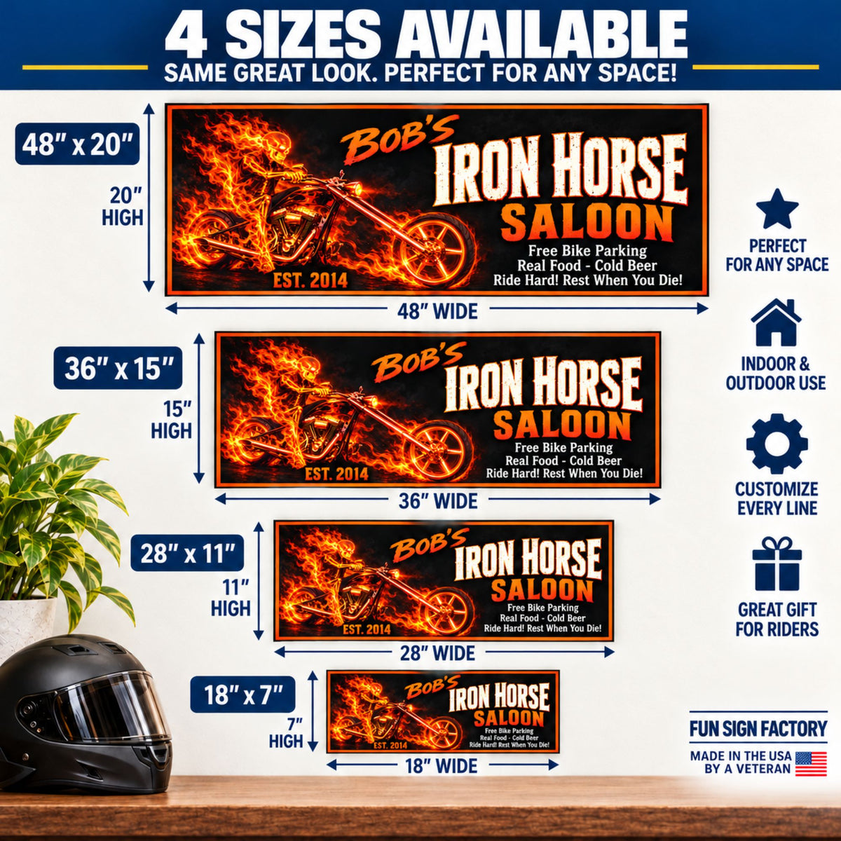 Four-size guide for the Iron Horse Saloon sign showing 48×20, 36×15, 28×11, and 18×7-inch options with width and height labels.