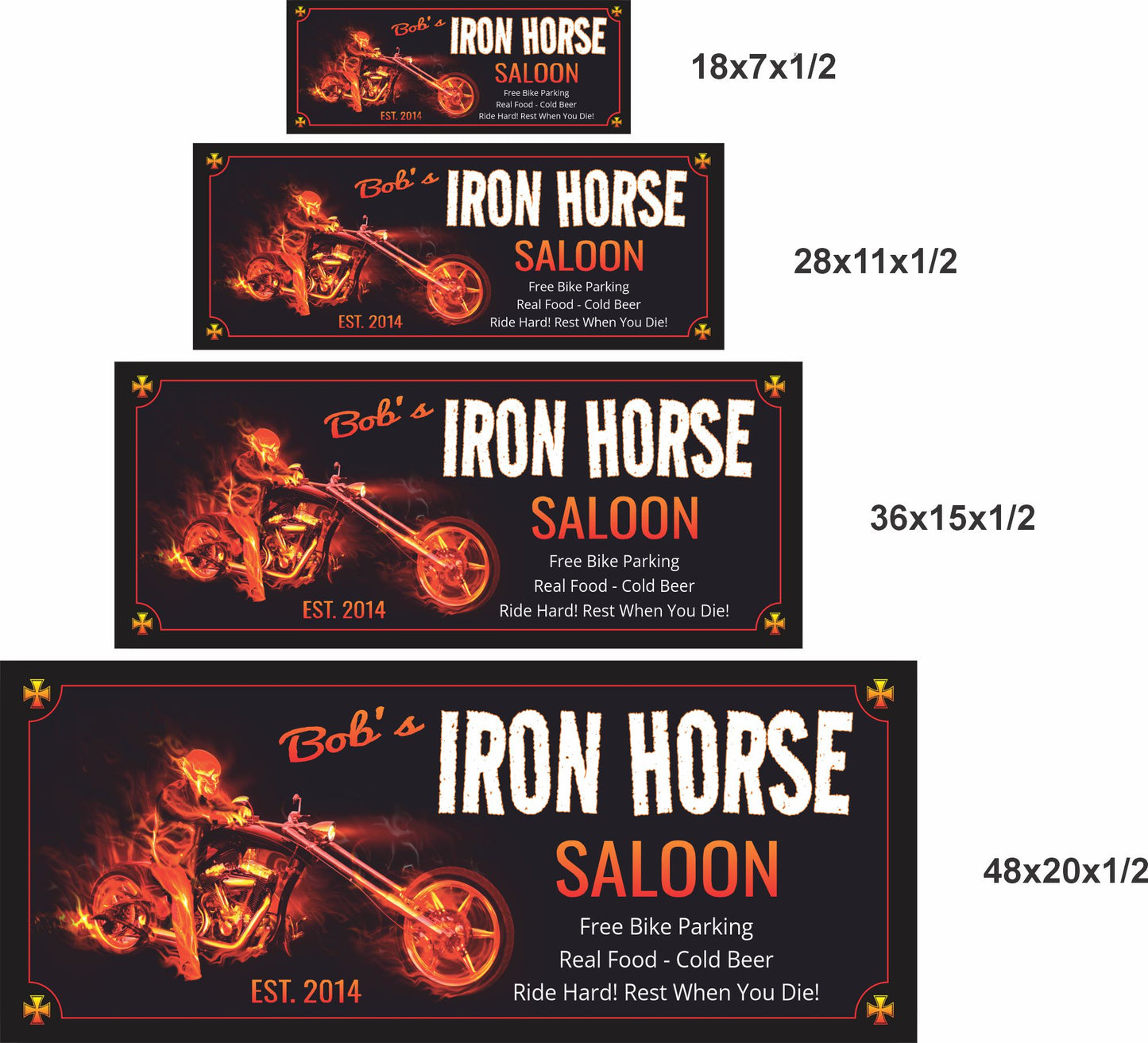 Personalized motorcycle bar sign shown in four available size options