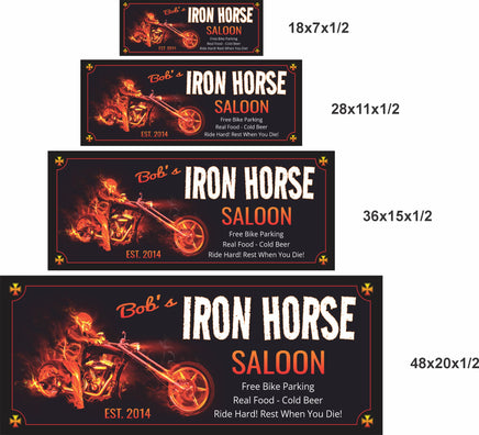 Personalized motorcycle bar sign shown in four available size options