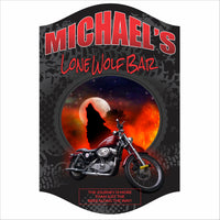 Personalized lone wolf biker bar sign with motorcycle and custom bar name
