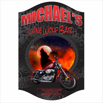 Personalized lone wolf biker bar sign with motorcycle and custom bar name