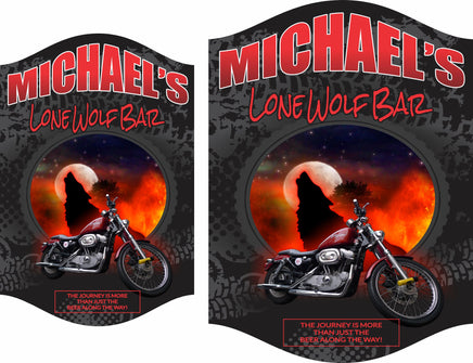 Personalized biker sign with editable text, featuring a howling wolf, full moon, and motorcycle.