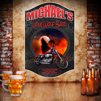 Personalized biker sign with editable text, featuring a howling wolf, full moon, and motorcycle.