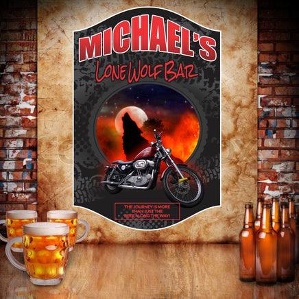 Personalized biker sign with editable text, featuring a howling wolf, full moon, and motorcycle.