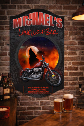 Biker bar wall sign displayed in rustic bar or garage setting
