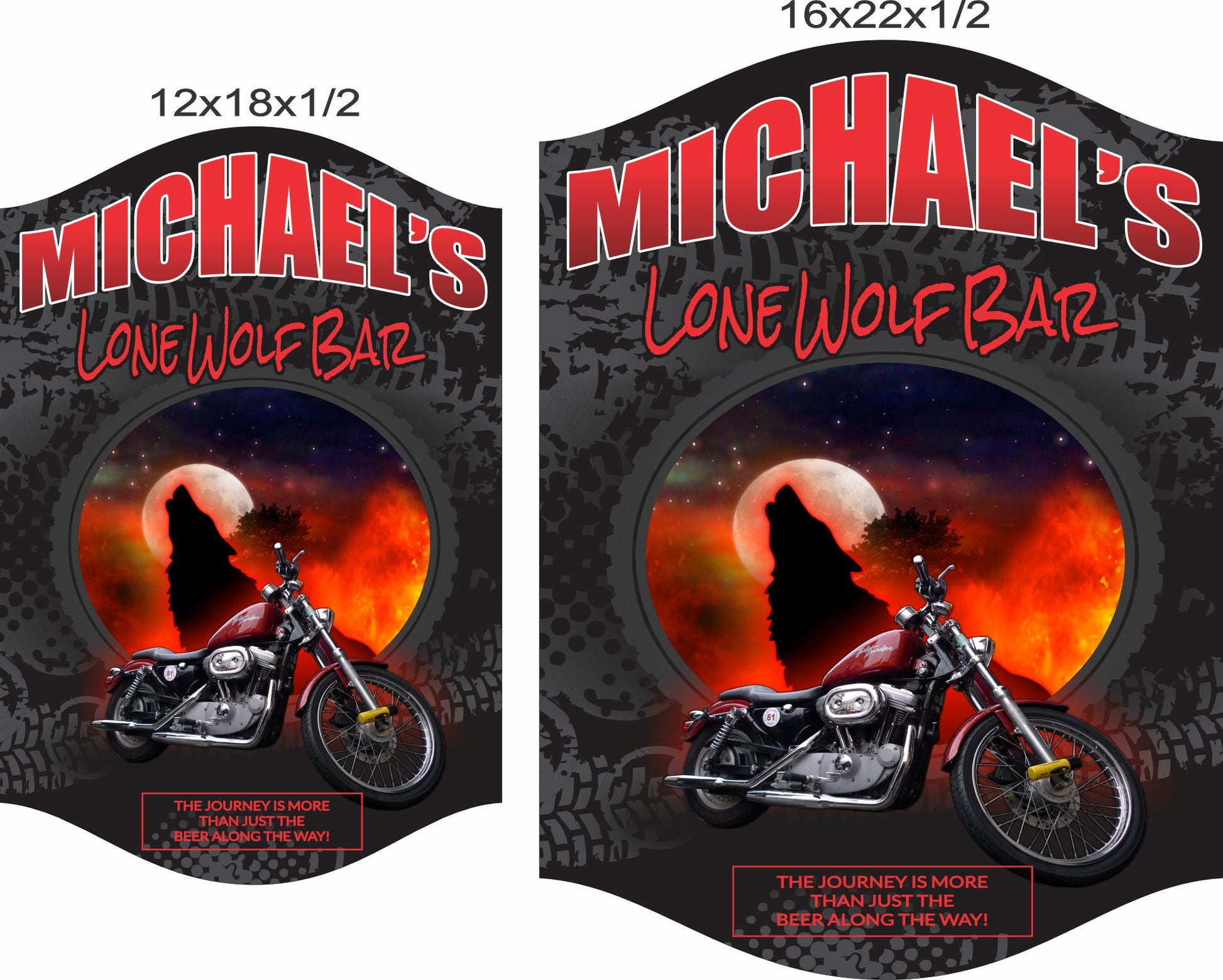 Lone wolf bar sign shown in 12x18 and 16x22 size options for scale reference