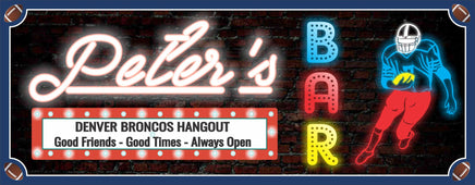 Personalized retro wall art featuring a football player, customizable with six sports balls (football, hockey, golf, soccer, baseball, or basketball) and editable text in retro neon-style lettering. Sign colors are coordinated with the team colors of your choice. Ideal for bars, man caves, or as a gift for sports fans.