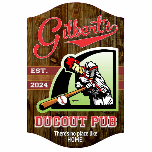 Personalized dugout pub sign with baseball player and custom bar name