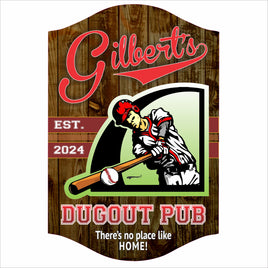 Personalized dugout pub sign with baseball player and custom bar name