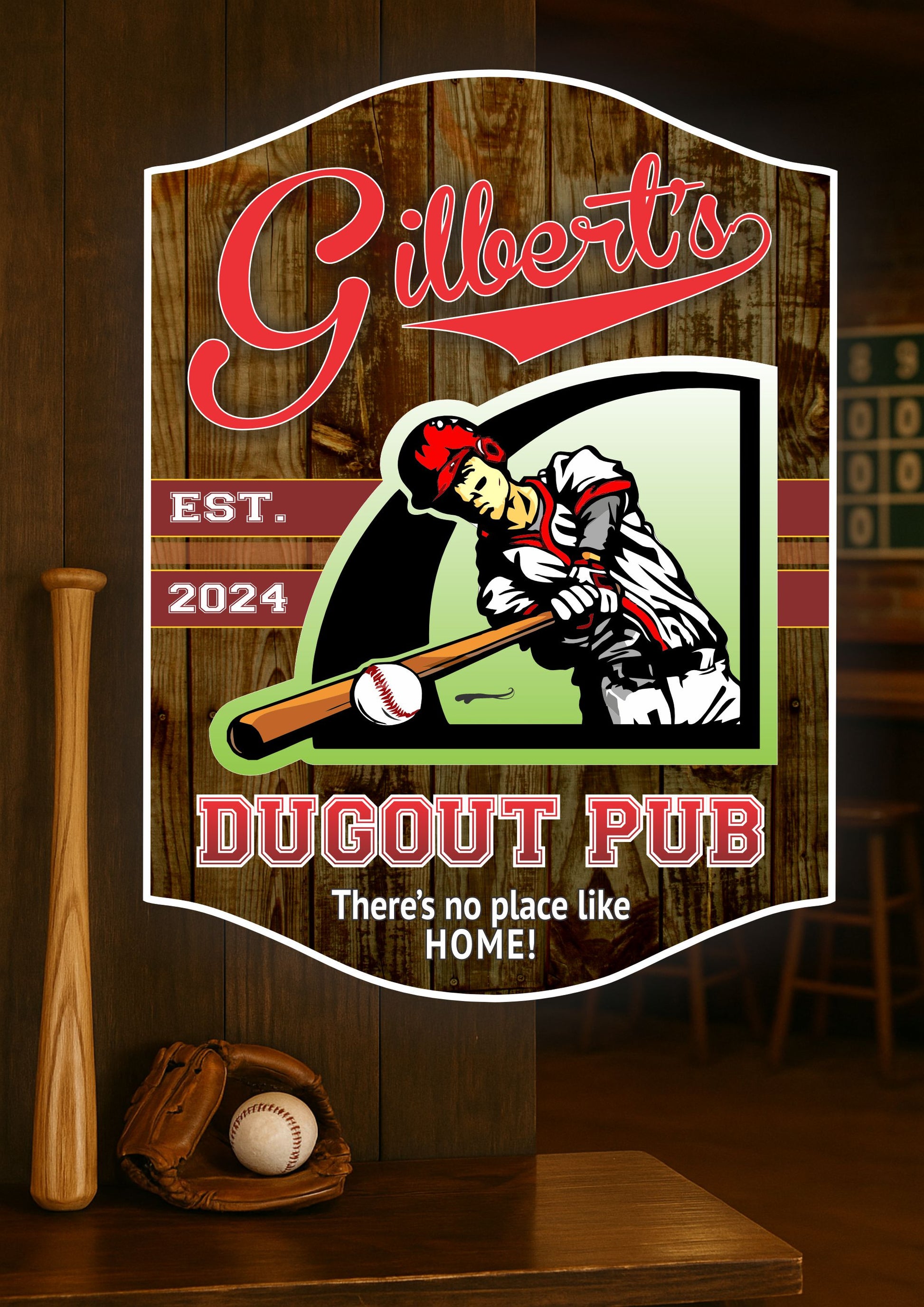 Baseball bar wall sign displayed in sports-themed home bar