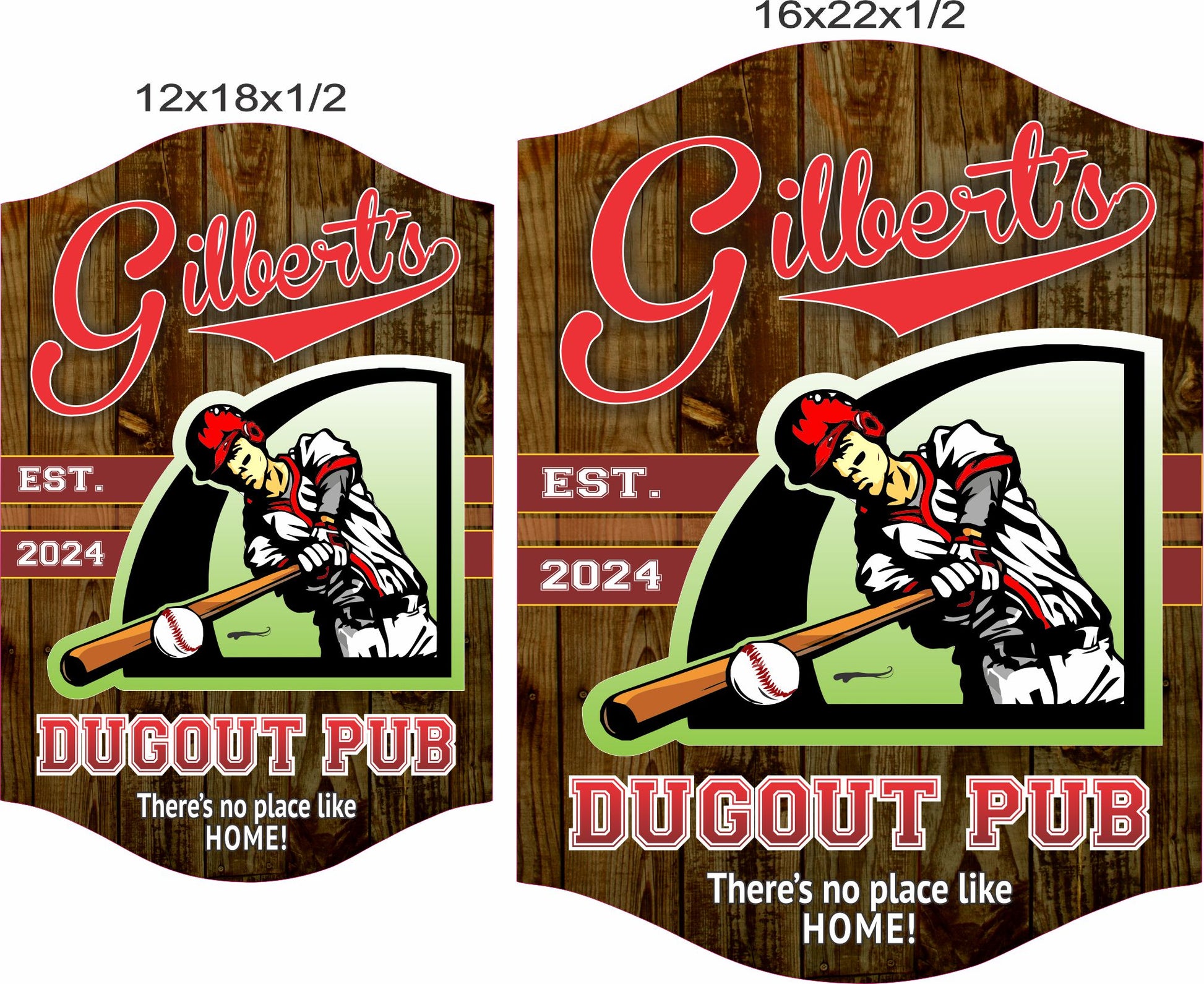 Dugout pub sign shown in 12x18 and 16x22 size options for scale reference