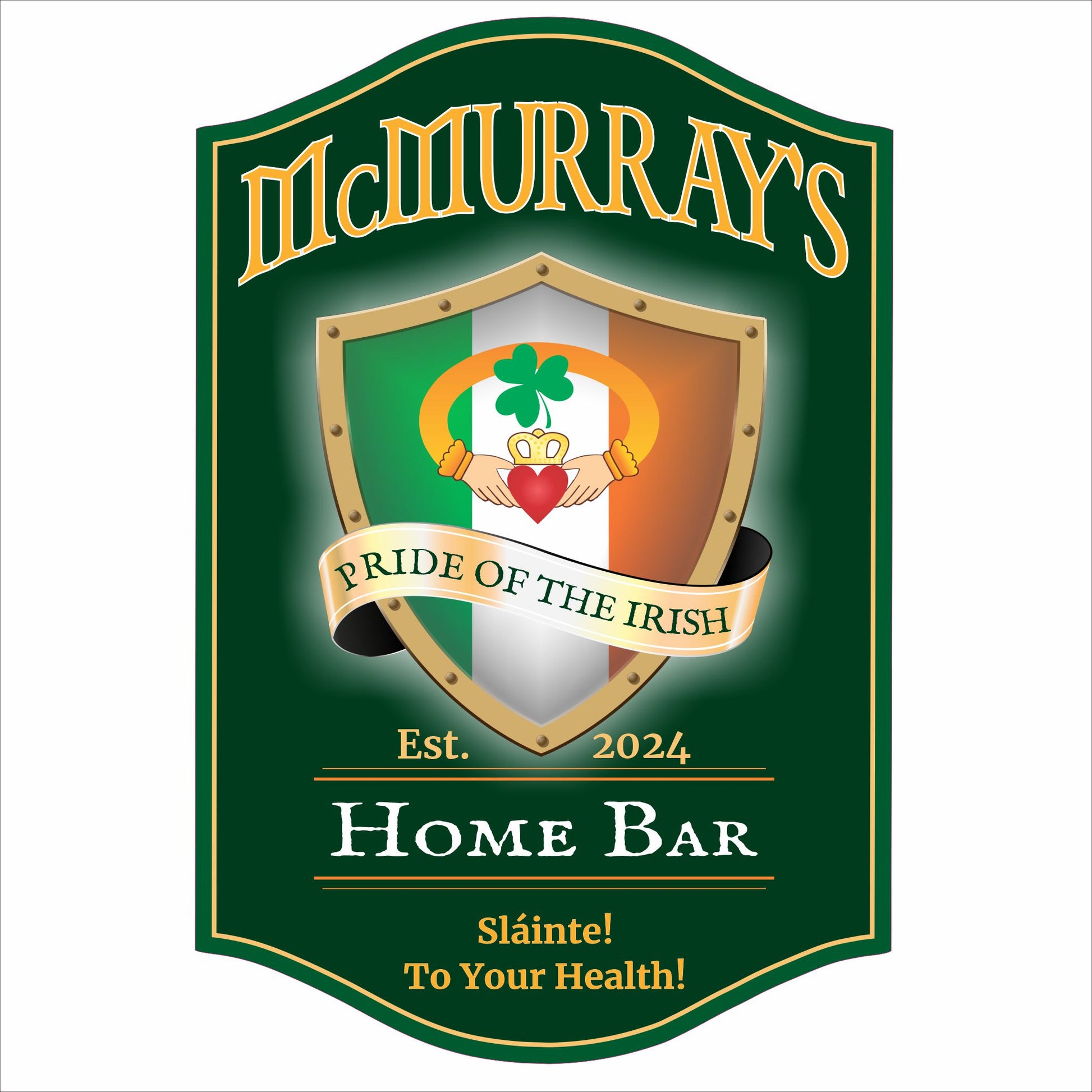Personalized Irish home bar sign with shamrock crest and custom pub name