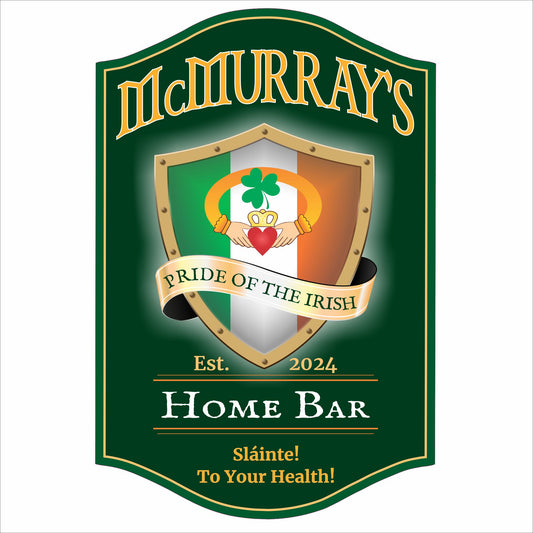 Personalized Irish home bar sign with shamrock crest and custom pub name