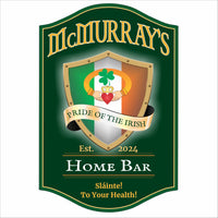 Personalized Irish home bar sign with shamrock crest and custom pub name