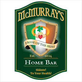 Personalized Irish home bar sign with shamrock crest and custom pub name