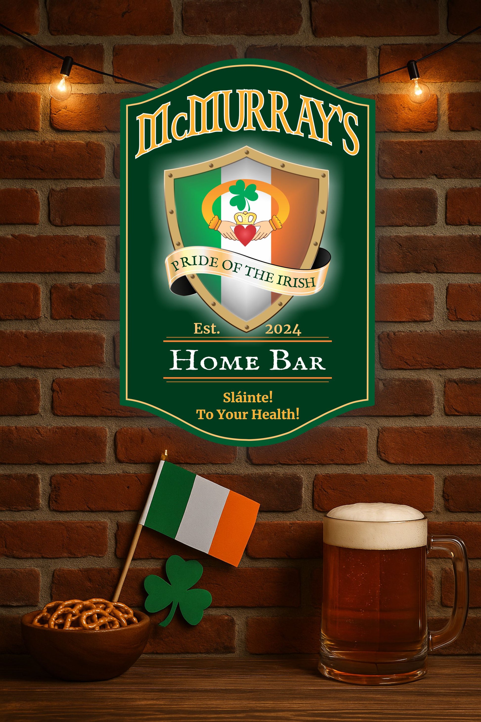 Irish pub wall sign displayed in brick home bar setting