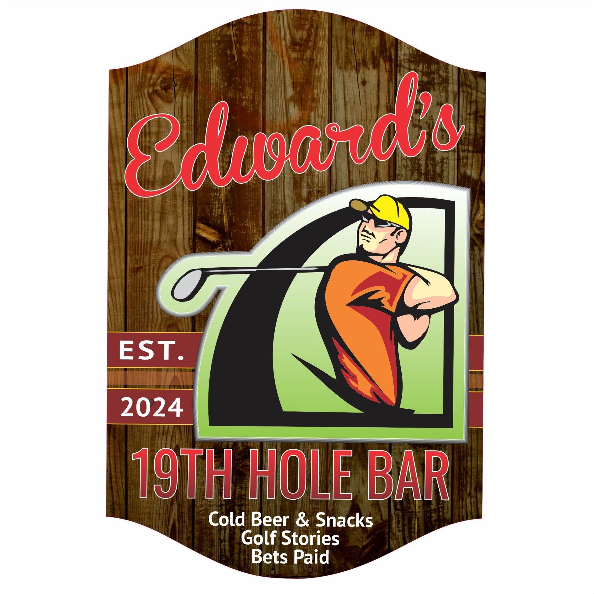 Personalized 19th hole golf bar sign with custom name and golfer artwork