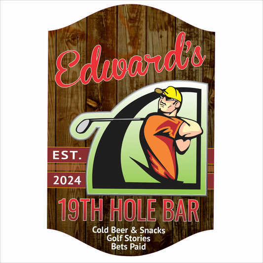 Personalized 19th hole golf bar sign with custom name and golfer artwork