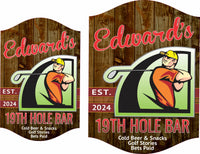 Personalized 19th Hole Golf Sign with editable text, featuring a golfer and club. Perfect customizable decor for home bars and golf enthusiasts.