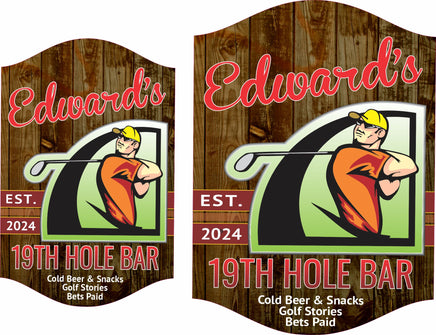 Personalized 19th Hole Golf Sign with editable text, featuring a golfer and club. Perfect customizable decor for home bars and golf enthusiasts.