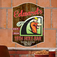 Personalized 19th Hole Golf Sign with editable text, featuring a golfer and club. Perfect customizable decor for home bars and golf enthusiasts.