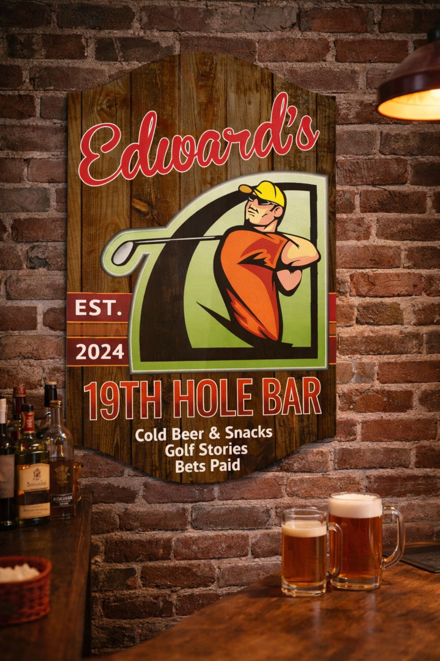 Golf tavern wall sign displayed in sports bar setting