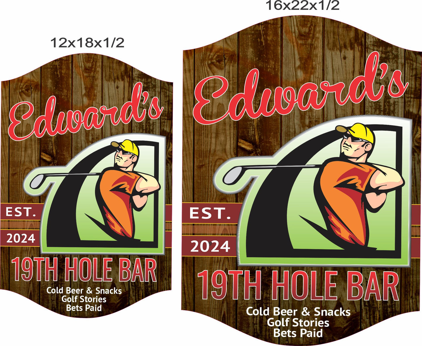 19th hole bar sign shown in 12x18 and 16x22 size options for scale reference
