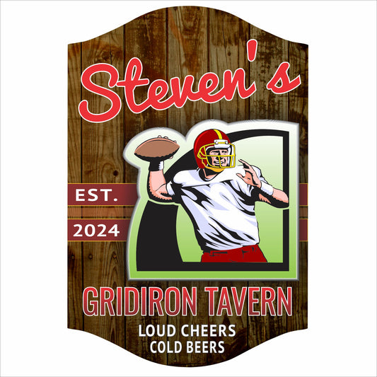 Personalized gridiron tavern sign with football player and custom bar name