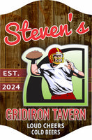 Personalized football gridiron tavern sign featuring a player getting ready to throw the ball and an editable established date. Perfect custom decor for home bars and man caves.
