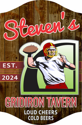 Personalized football gridiron tavern sign featuring a player getting ready to throw the ball and an editable established date. Perfect custom decor for home bars and man caves.