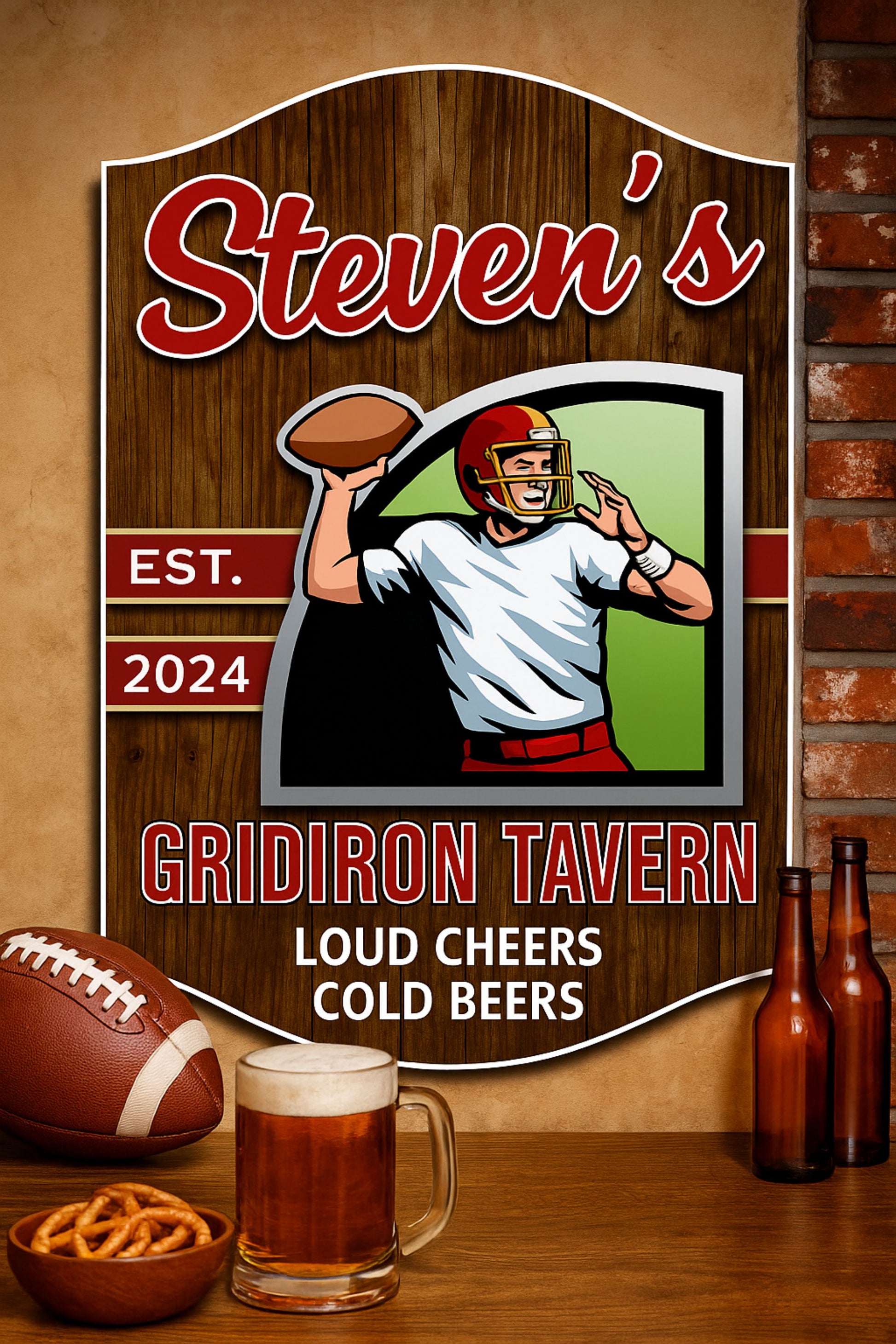 Football bar wall sign displayed in sports-themed home bar setting