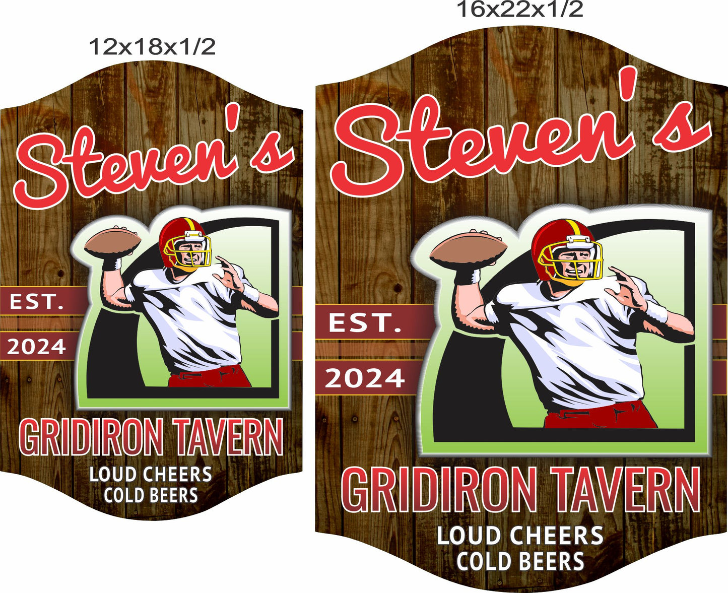 Gridiron tavern sign shown in 12x18 and 16x22 size options for scale reference