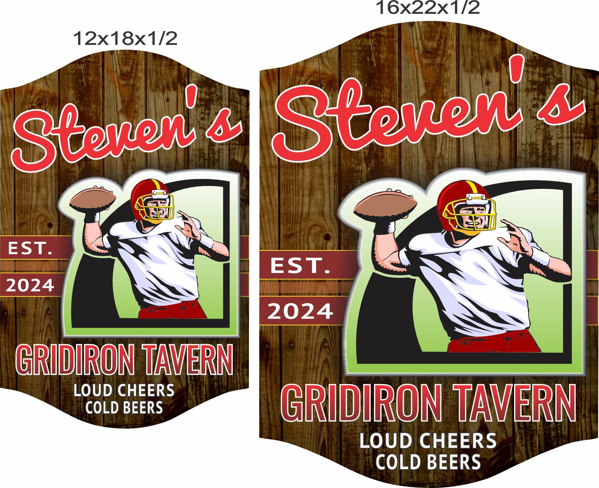 Gridiron tavern sign shown in 12x18 and 16x22 size options for scale reference