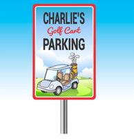 Personalized golf cart parking sign with an editable text, featuring a golf course background. Choose from an empty golf cart or a cartoon-style golf cart with people. Perfect for golf enthusiasts.