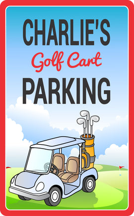 Personalized aluminum golf cart parking sign with custom name and editable text